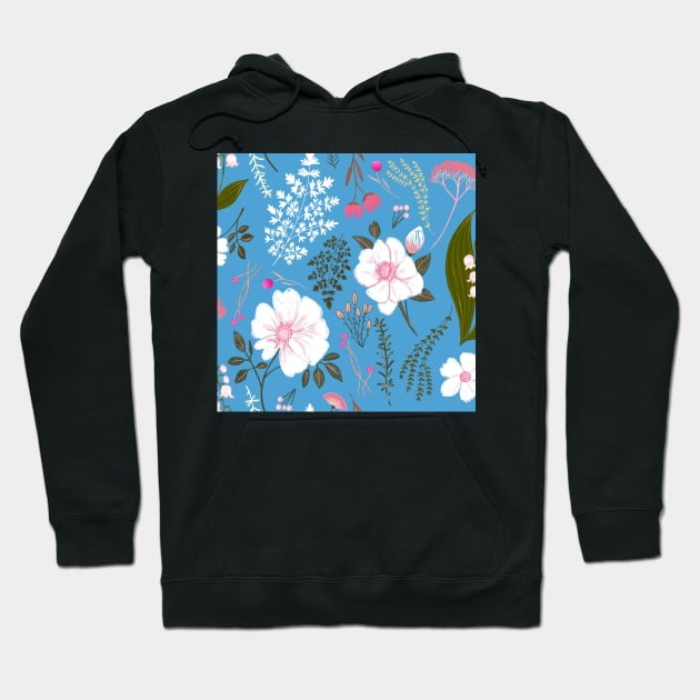 Garden florals and herbs on blue Hoodie by Papergrape